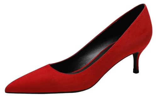 Jamron Donna Velluto 5CM Tacchi a Spillo Elegante Scarpe a Punta Decolletè Scarpe da Ufficio Rosso SN0711129-1 EU37