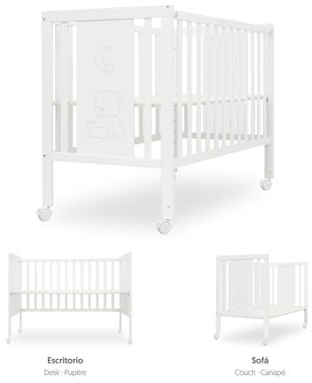 Interbaby Cuna Bebé Convertible en Escritorio 124x63x93 cm | Cómoda, Montaje Rápido | Cuna Colecho con Lateral Móvil, Barandilla, Ruedas con Freno, Blanco, Bear Basic