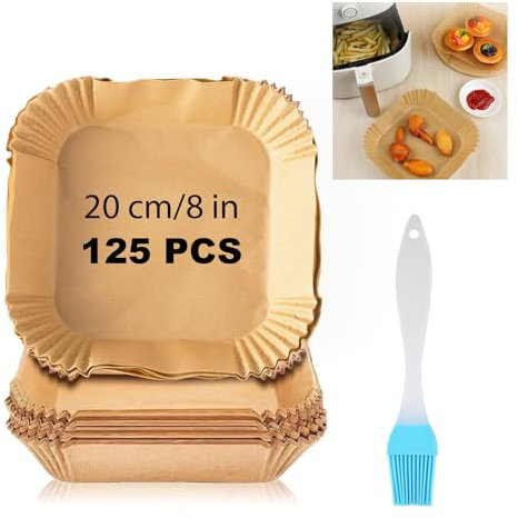 STAWINM Air Fryer Liners Air Fryer Parchment Paper Liner Square Liners Disposable Greaseproof for Fryer: 125 PCS of 8 inch Square Non-Stick with Silicone Brush for Air Fryer Accessories Oven Microwave