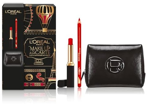 L'Oréal Paris, Pochette Regalo Make Up à La Carte con Rossetto Rosso Volumizzante Color Riche Intense Volume Matte e Matita Labbra, Per Labbra Rimpolpate, Con Elegante Beauty Case in Vernice Nera