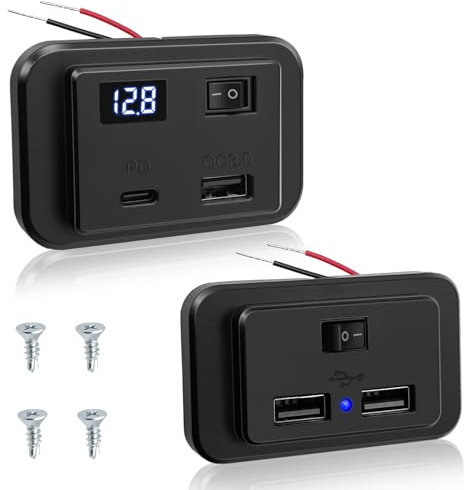 Hoembpn Dual USB Steckdose 12V Wohnmobil Ladebuchse mit LED Voltmeter und Schalter, Auto Ladegerät PD Type C und QC3.0 USB 12V/24V Schnellladung Panel für KFZ Bus LKW Marine SUV