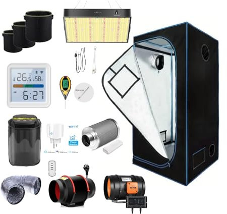 Grow Komplettset mit Vollspektrum LED Lampe 200W Dimmbar, 5 Verschiedene Größen mit Abluft, Sensoren UVM. Growzelt Anzucht Pflanzenzelt Gewächshaus, Komplettset (60x60x120cm)