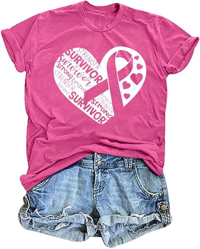 tiorhooe Octobre Rose T-Shirt Ruban Rose T Shirt Femme Cancer du Sein Tee Shirt