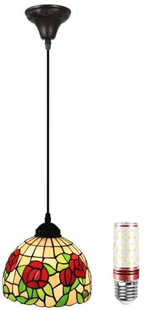 Uziqueif 8 Zoll Esstisch Lampen Hängend, Tiffany Hängelampe, Vintage Pendelleuchte, Pendant Light für Küche Schlafzimme Wohnzimmer Flur, Rose Lampenschirm Glas