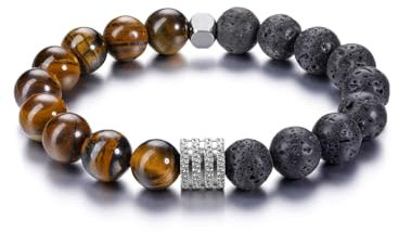 Zysta Edelstein Armband Tigerauge Lavastein 10mm Perlenarmband Stretch Echte Steine Armband für Herren Damen