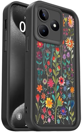 PanXCase Coque pour Realme C53 / Realme Note 50 / Realme C51 - Étui Silicone Souple Fine Légère Elegant Désign, Protection Caméra Antichoc Anti-Rayures Mince Housse (Black,Flowers)