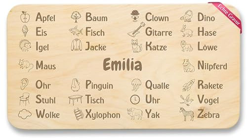 Frühstücksbrettchen Holz Natur - ABC Frühstücksbrett | Einschulung Geschenkidee | Alphabet Motiv | Kinder Frühstücksbrett Schulanfang - 22x12 - Holz - brettchen personalisiertes schulbrett