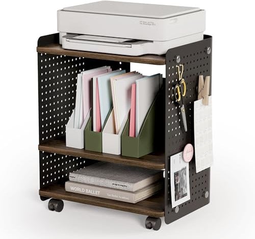 Fenge Druckertisch mit Rädern Mobiler Druckerhalter mit Pegboard 3 Ebene Druckerständer/Rollcontainer mit Organizer Regal Aktenschrank für Büro Zuhause 45,3x33,5x53,5cm (Braun+Schwarz)