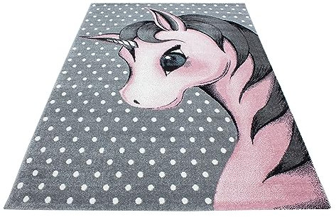 Stilvoll Günstig by ELMM Kinderteppich Teppich Kinderzimmer Spielzimmer Pink 120 x 170 Einhorn-Design Kurzflor