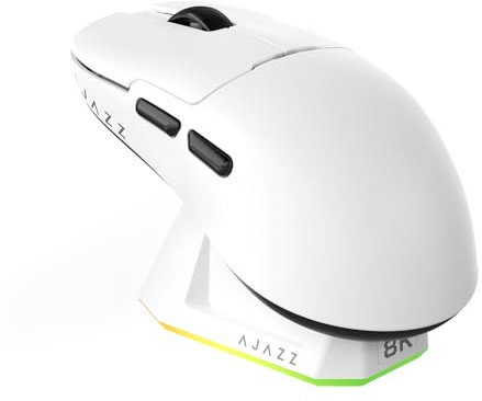 AJAZZ AJ159 Pro Wireless Gaming Mouse, Equipped with PAW3395 Sensor and Magnetic Base, 26K dpi, 2.4G/USB-C/BT Support, 400 mAh Battery, Lightweight 56 gram Design, RGB Backlighting Effects, White