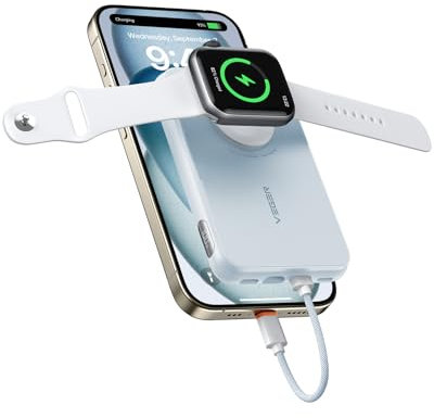 VEGER Power Bank Mini 20 W PD,Power Bank 10000 mAh con cavo USB-C integrato e Apple, con Apple Watch e ricarica USB C, batteria esterna con LED compatibile con iPhone, Apple Watch (8-1), telefono