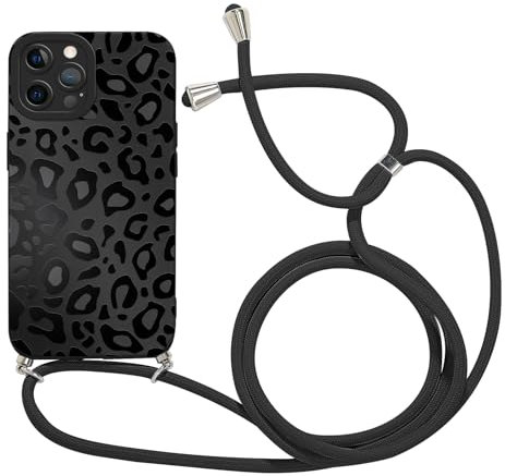 Coalbooliy Coque avec Cordon pour iPhone 11 Pro 5,8 avec Motif Noir Léopard Case, Aesthetic Silicone étui avec Collier Réglable Corde Souple TPU Antichoc Housse Caméra Protection Cover, 04