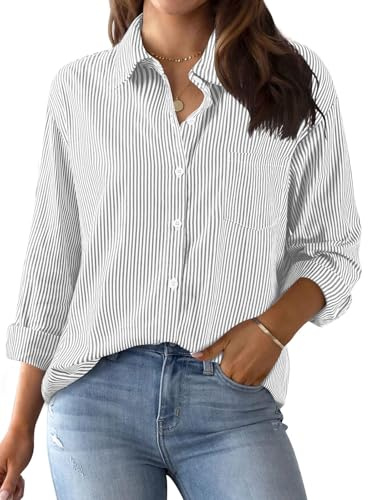 Lonya Women's Blouses Shirts Long Sleeve Striped Tops Button Down Elegant V Neck Office Work Casual Tunic Shirt Gray,L