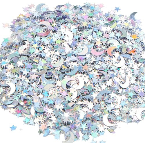 HOTUT 45g Plata Luna Lentejuelas de Estrellas, Confeti de Estrella de plata, Estrella Confeti Plateado para Materiales de Fiesta Boda, Decoración de la Boda del Cumpleaños (Plata)