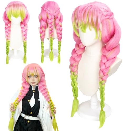 AUNGKWANG Anime Kanroji Mitsuri Cosplay Perücke für Damen, Rosa Grün Perücke Charakter Verkleiden Lange geflochtene Perücke Passend, Mitsuri Cosplay Wig für Mädchen Halloween Karneval Kostüm Party