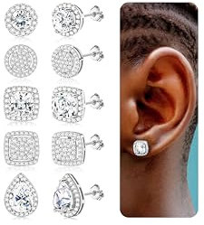 Roheafer Cubic Zirkonia Stud Ohrringes für Frauen Männer 18K Weißgold Hypoallergene 925 Sterling Silber Post Ohrringe Große Runde Quadrat Simulierte Diamant Stud Ohrringe Silber