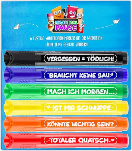 MACH MAL PAUSE - 6x Whiteboard Marker Stifte für SCHULE & BÜRO - Lustige Whiteboardmarker mit Rundspitze - das Zubehör Set für Whiteboards & Flipchart - Farben 100% rückstandsfrei abwischbar