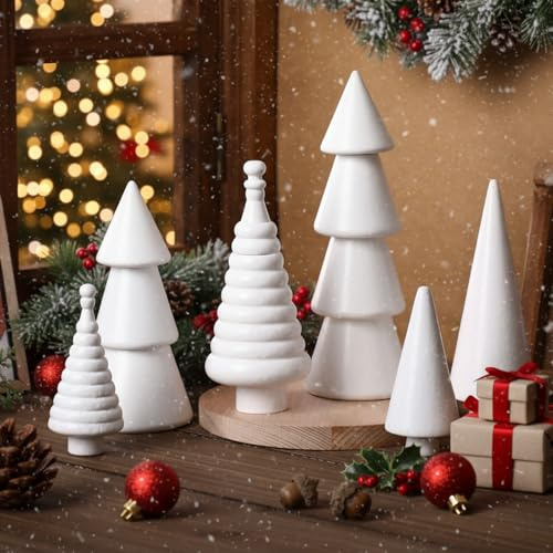 Namalu Juego de 6 mini árboles de Navidad de madera vintage hechos a mano de madera rústica, mini árboles de Navidad, centro de mesa de Navidad para decoración de mesa (blanco, estilo natural)