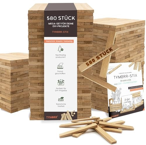 TYMBRR, 580 Holzklötzchen Eiche, Bastelholz, feinst geschliffen, OHNE Klebeband, 160x23x8mm, Bastelklötzchen für DIY-Projekte und Deko (580)