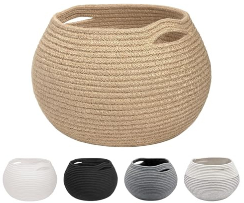 Round Cotton Woven Basket for Shelf Storage&Organizing, Cotton Rope Bins for Bathroom Small Dog&Cat Toy Storage, Round Storage Basket for Children, Corner Plant Baskets Shelf Indoor (Khaki-25.5x21 cm)