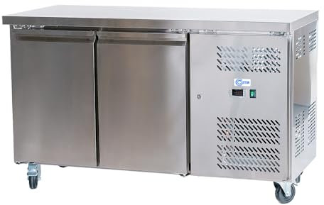 Cleiton® Mesa Fría Refrigerada de 2 Puertas de 136x60 cm Refrigeración Ventilada | Bajo Mostrador Frigorífico de Acero Inoxidable de 228 L y 750 W | Nevera Frigorifica Industrial