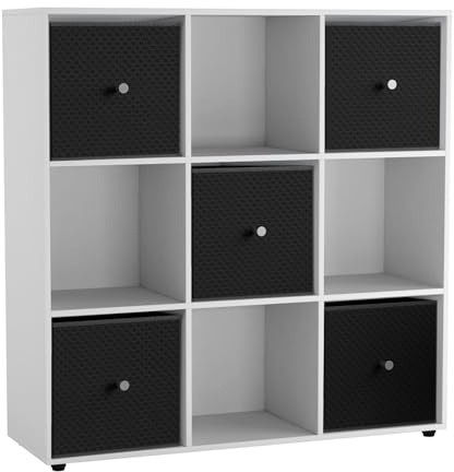 URBNLIVING 9 Cube Storage Unit with 5 Foldable Fabric Drawers, Wooden Freestanding Bookcase Shelf Organiser, Modern Cube Shelving for Bedroom, Office, Living Room, Toys, Clothes & Books