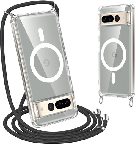 Oelrstfe Magnetisch Handyband Hülle mit Band für Google Pixel 7 Pro, [Kompatibel mit Magsafe] Necklace Handyhülle Schutzhülle zum Umhängen Kordel, Transparent Stoßfest Kratzfest Case mit Kette,Schwarz