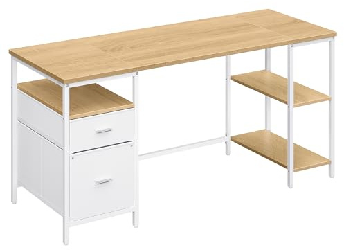 VASAGLE Scrivania per Computer, Tavolo da Ufficio, Scrivania con 3 Ripiani, 2 Cassetti, 160 x 60 x 76 cm, per Ufficio, Soggiorno, Stile Industriale, Rovere Naturale e Bianco Nuvola LWD105YD01