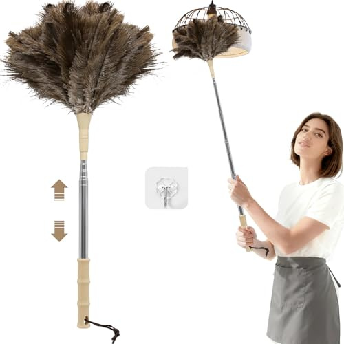 Staubwedel Straußenfedern, Staubwedel Teleskop Waschbar mit Teleskopstange, Haken, Rissbürste, Ausziehbar bis 123cm (Khaki)
