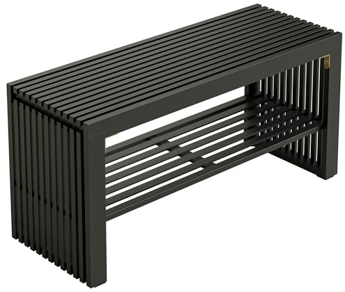 HEYZOEY Bambus Schuhbank mit Schuhablage, Sitzbank für Flur, 90×33×43 cm | Rutschfest & bis 250 kg belastbar – Schuhregal mit Sitzfläche für Eingangsbereich, Schlafzimmer und Badezimmer, Schwarz