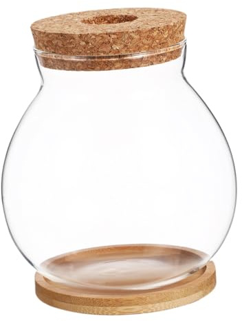 Milisten Mini Aquarium en Verre Transparent 10x11 Cm avec Couvercle en Bois et Socle en Bambou, Bocal Hydroponique de Bureau pour Betta, Petit Vivier Poisson Décoratif pour Maison et