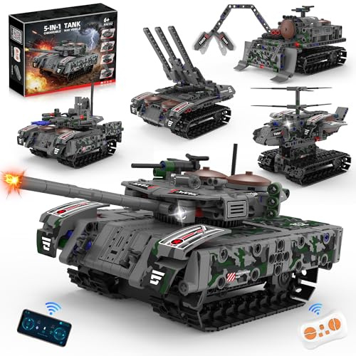 kiothdre 5 en 1 RC Tank Construction avec APP & Télécommande Garçon 6-14 | WW2 Véhicule Militaire,Jouet STEM,Army Jeux,Cadeau Noël pour Enfants,Simple assembly,Facile à Assembler