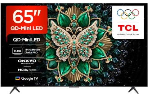 TCL 65C6K-UK 65 Inch QD-Mini LED TV, 4K HDR Premium 1000nits, Smart TV Powered by Google TV (Dolby Vision IQ & Atmos, Onkyo 2.1 Sound System, 144Hz Motion Clarity Pro)