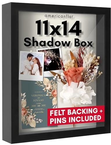 Americanflat 11x14 Shadow Box Frame with Shatter-Resistant Glass - Silhouette Collection - Large Shadow Box Display Case for Tabletop and Wall Display - Black with Soft Felt Back