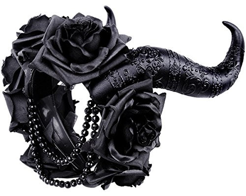 Unbekannt Dark Dreams Gothic Kopfschmuck Haarband Haarreif Restyle satanisch Hörner Rosen Girlande Ketten Hexe Maleficent Witchy Satanic Horns Damen Halloween Polyester Schwarz etwa 20 cm hoch