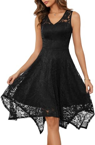 Meetjen Cocktail Dress for Women Lace Wedding Guest Sleeveless Summer V-Neck Prom Dresses Handkerchief Hem Black XL