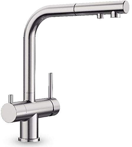 Designer 3-Wege-Brause-Armatur Blanco Edelstahl Optik Ultra Resist Der Wasserhahn mit 3 Anschlüssen Einzigartige 3-in-1-Armatur: Gefiltertes und ungefiltertes Wasser aus einem herausziehbaren Auslauf