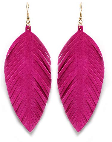 Large Genuine Soft Leather Handmade Fringe Feather Lightweight Tear Drop Dangle Color Earrings for Women Fashion (Fuchsia)