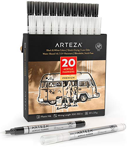 ARTEZA Acrylmarker, 20er-Set, (10x Weiß,10x Schwarz), wasserfeste Acrylstifte mit Kunststoffspitze, Stifte zum Steine Bemalen, für Metall, Leinwand, Keramikoberflächen, Glas, Holz und Stoff