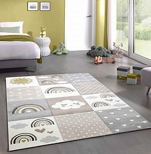 CARPETIA Spielteppich Kinderzimmer Teppich Herzchen Wolken Regenbogen Punkte grau beige braun Größe 160x230 cm