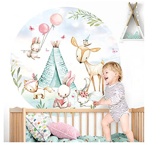 Little Deco Wandtattoo Kinderzimmer Wandbild Waldtiere mit Ballon Wandsticker Baby Wanddeko Spielzimmer Wandaufkleber Schlafzimmer Tapete selbstklebend DL621