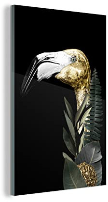 MuchoWow Glasbild Glasfoto Wandbild Bilder Deko 20x30 cm Flamingo - Gold - Schwarz