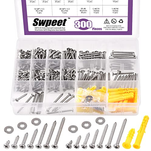 Swpeet 300 pièces vis à tôle #6 x 0,95 cm, 1,59 cm, 1,91 cm, 3,18 cm, 3,49 cm, 3,81 cm en acier inoxydable 304, à tête plate et tête plate, auto-taraudeuses à séchage rapide, vis murales sèches, vis à
