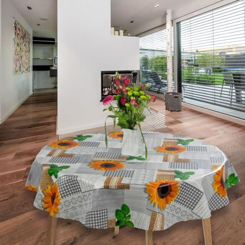 laro runde 140 cm wachstuchtischdecke wachstischdecke abwashbar PVC tischdecke Wachstuch wasserabweisend Garten tischdecke, Muster:Sonnenblumen Gelb Grau