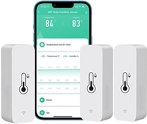PHOVOLT WiFi-Hygrometer-Thermometer-Sensor für Zuhause, Innen- und Außenbereich, kabelloser Temperatur- und Feuchtigkeitssensor, Monitor mit Fernbedienung, App für Zuhause, Gewächshaus (3-Pack)