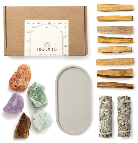BESOULS Kit Premium “Los Sueños se Hacen Realidad” –8 Palo Santo para Quemar,2 Salvia Blanca, 5 Piedras Mágicas + QR Contenido Digital – Limpieza Energética, Amuleto Buena Suerte (Los Sueños Realidad)