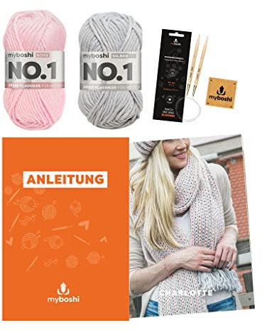 myboshi Strickset Schal Charlotte, Strickset für Fortgeschrittene, inkl No.1 Wolle, Anleitung, Label, 30% Wolle (Merinowolle) Rosa 6 Knäuel mit Rundstricknadel
