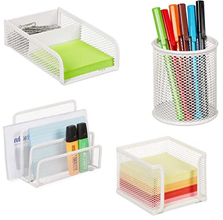 Relaxdays Schreibtisch Organizer Set, 4-tlg., Metall, Dokumentenhalter, Zettelbox, Büroklammer- & Stiftehalter, weiß