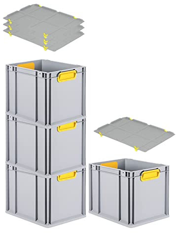 PROREGAL SuperSparSet 4x Eurobox NextGen Color mit Auflagedeckel & Schiebeschnappverschlüsse, HxBxT 32x30x40cm, 30L, Griffe gelb geschlossen, Glatter Boden, Eurobehälter Transportbox Transportbehälter