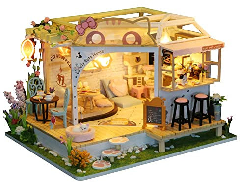 TOPBSFARNY Katze Cafe Holz Miniatur Puppenhaus Kit DIY Haustier Katze Café Gebäude Modell Zubehör mit Möbel LED Licht Spieluhr Geburtstag (keine Staubabdeckung)
